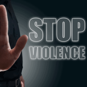 stop violence text with hand